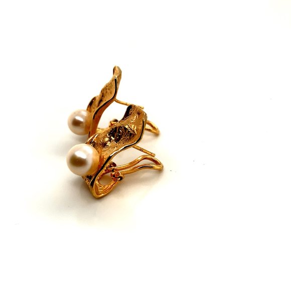 Gold Filled Pearl Omega Back Leaf Earrings - Picture 4 of 5